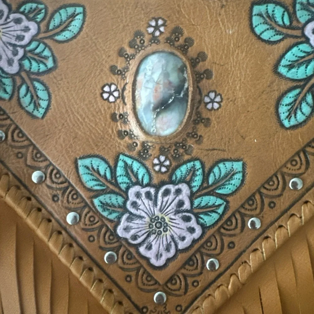 Mahiya Leather Tan Fringe Shoulder Bag with Floral Hand Tooling and Stone Inlay